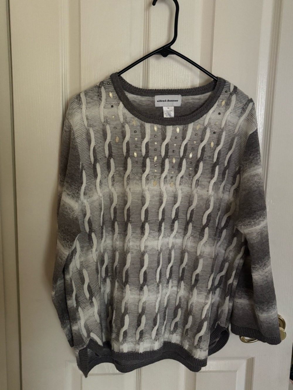 Alfred Dunner Gray & White Knit Crewneck Sweater with Stud Accents